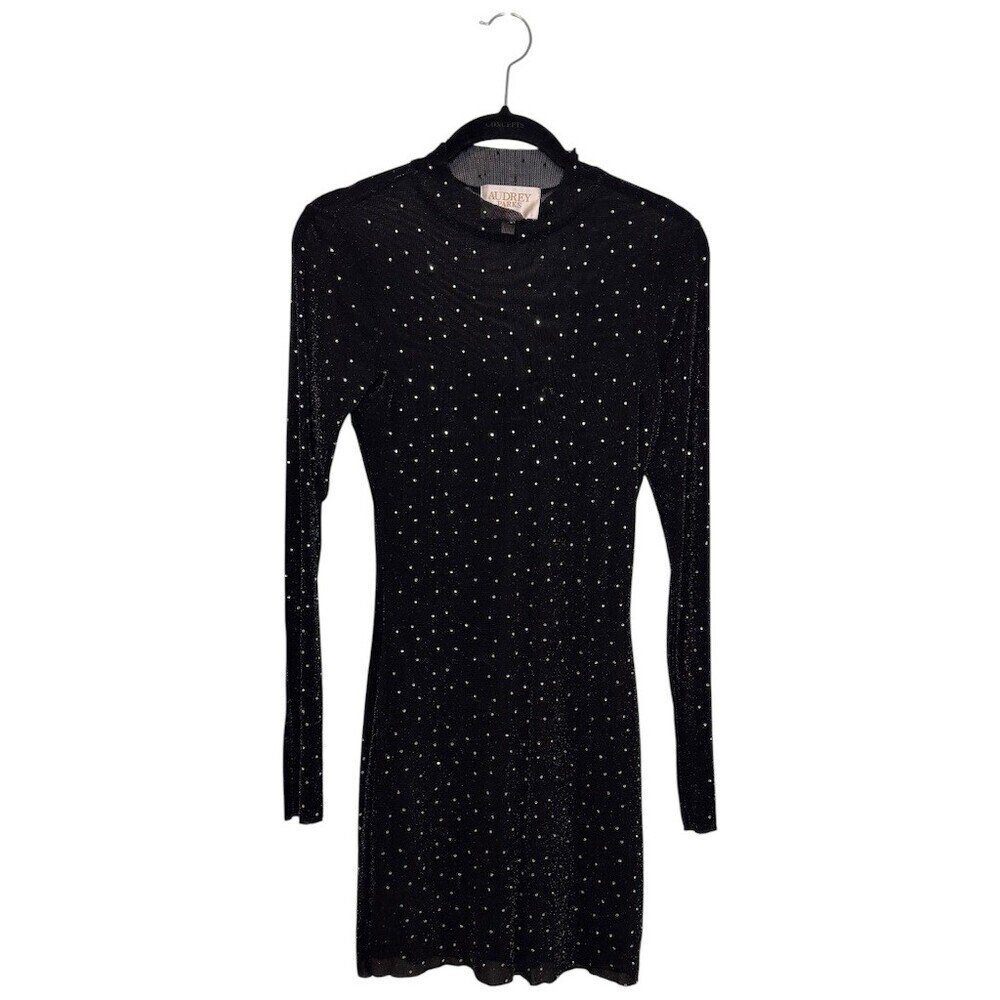 Audrey Parks Black Sheer Rhinestone Studded Bodycon Mini Dress Womens S - Picture 6 of 9